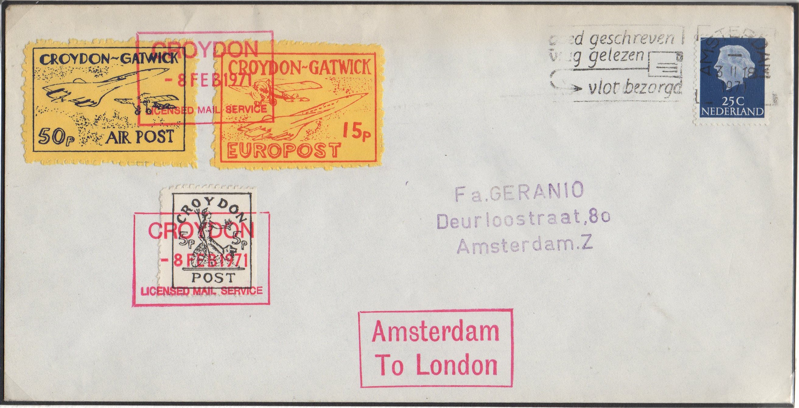 1971 Croydon Gatwick Strike Post cover with multiple CGP franking, Feb 8th 1971, Concorde